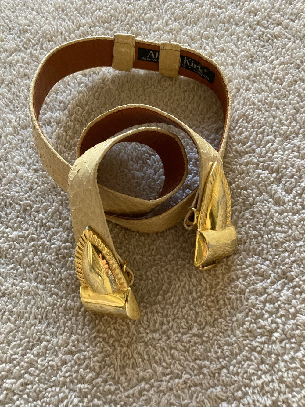 Alexis Kirk Yellow Snakeskin Leather Belt with Gold Leaf Buckles